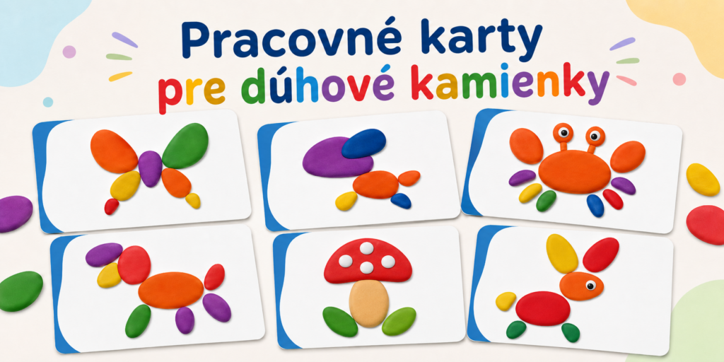 Pracovné karty pre dúhové kamienky s farebnými vzormi a obrázkami na skladanie
