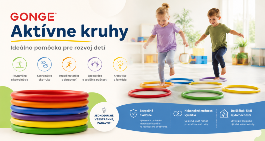 Deti pri hre s farebnými GONGE aktívnymi kruhmi, ktoré rozvíjajú rovnováhu, koordináciu, motoriku a kreativitu.