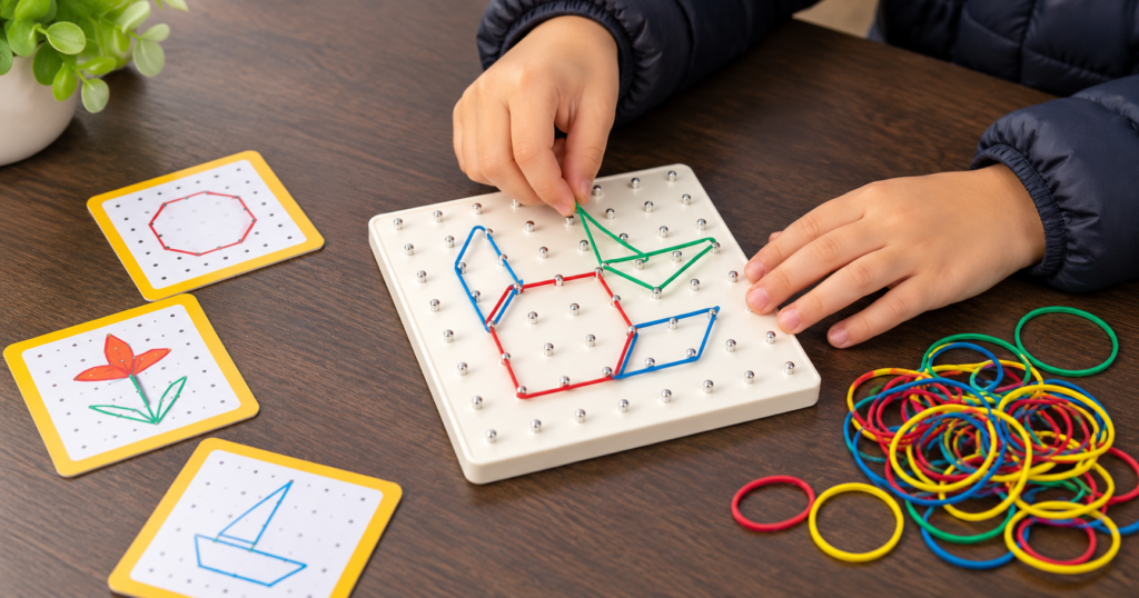 Geoboard pre deti s pracovnými kartami na tvorenie geometrických obrazcov