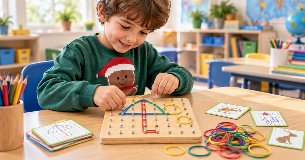 Geoboard pre deti pri tvorení obrazcov podľa predlohy v škole