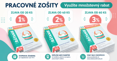 Pracovné zošity pre materské školy s množstevnými zľavami 1 %, 2 % a 3 % pri objednávke od 20, 40 a 60 kusov.
