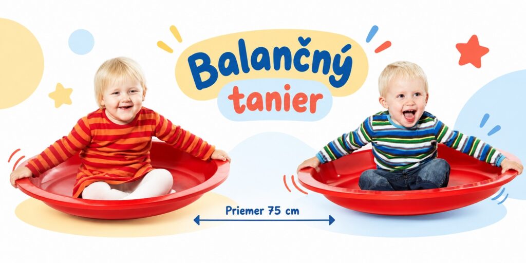 Dve deti sedia na červenom balančnom tanieri. Obrázok ukazuje balančný tanier pre deti a jeho priemer 75 cm.