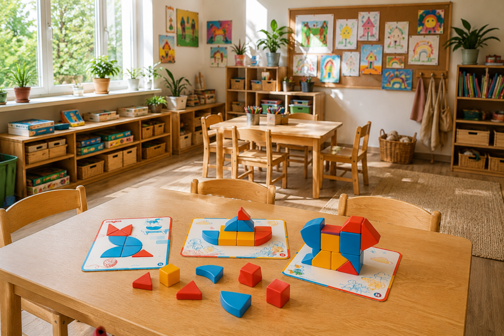 Trieda materskej školy s magnetickými stavebnými kockami Geomag MAGICUBE School Set pripravenými na tvorivé a STEM aktivity.