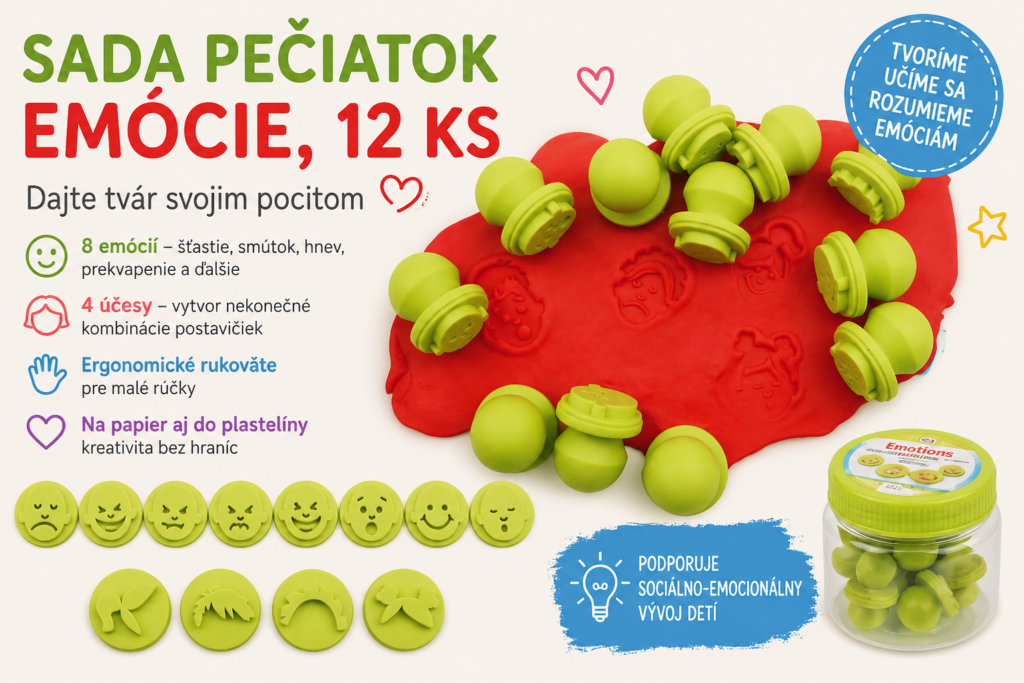 Pečiatky emócie: Keď deti dávajú pocitom tvár Pečiatky emócií pre deti – šťastný, smutný, nahnevaný, prekvapený a unavený výraz tváre