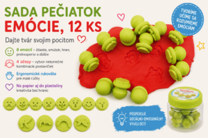 Pečiatky emócií pre deti – šťastný, smutný, nahnevaný, prekvapený a unavený výraz tváre