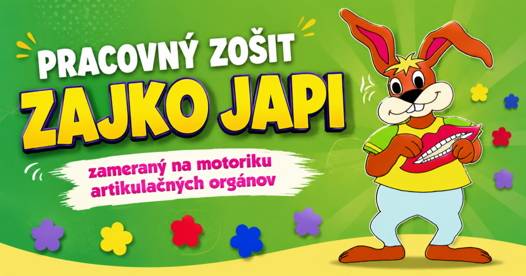 Ilustrovaný pracovný zošit Zajko Japi s aktivitami na precvičovanie pohybov jazyka, pier a sánky na podporu správnej výslovnosti detí.