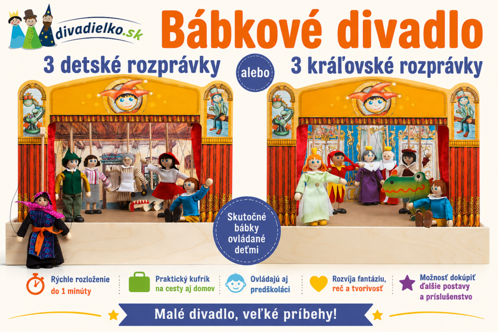 Bábkové divadlo Mašek s výberom 3 detských alebo 3 kráľovských rozprávok a drevenými bábkami ovládanými deťmi.