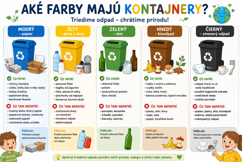 Infografika pre deti zobrazuje farebné kontajnery na papier, plast a kovy, sklo, bioodpad a zmesový odpad spolu s príkladmi, čo do nich patrí.