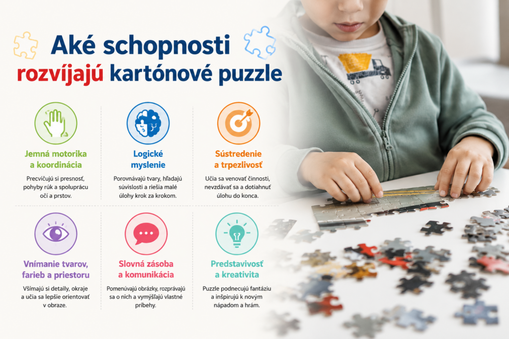 Infografika zobrazujúca dieťa skladajúce kartónové puzzle a hlavné schopnosti, ktoré puzzle rozvíjajú – jemnú motoriku, logické myslenie, sústredenie, vnímanie tvarov a farieb, slovnú zásobu a predstavivosť.