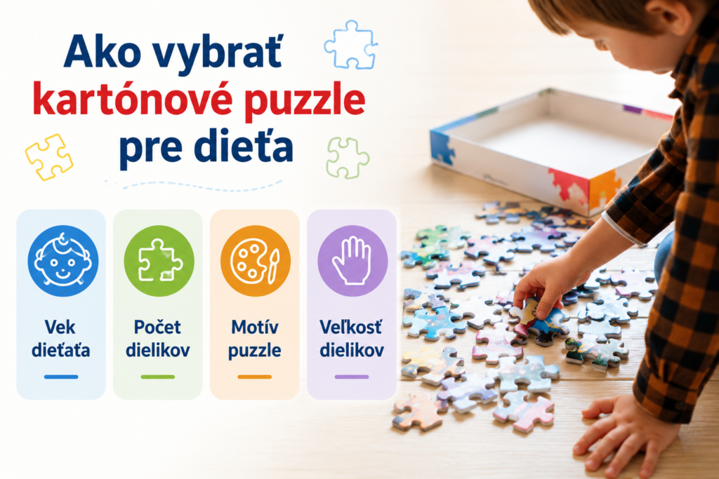 Infografika s dieťaťom skladajúcim kartónové puzzle a štyrmi hlavnými kritériami výberu – vek dieťaťa, počet dielikov, motív puzzle a veľkosť dielikov.