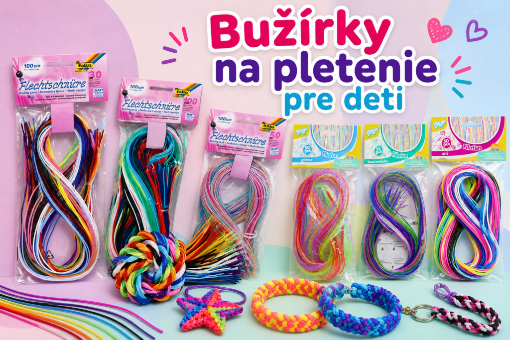 Farebné bužírky na pletenie pre deti Scoubidou s ukážkami hotových náramkov, príveskov a kreatívnych výrobkov.