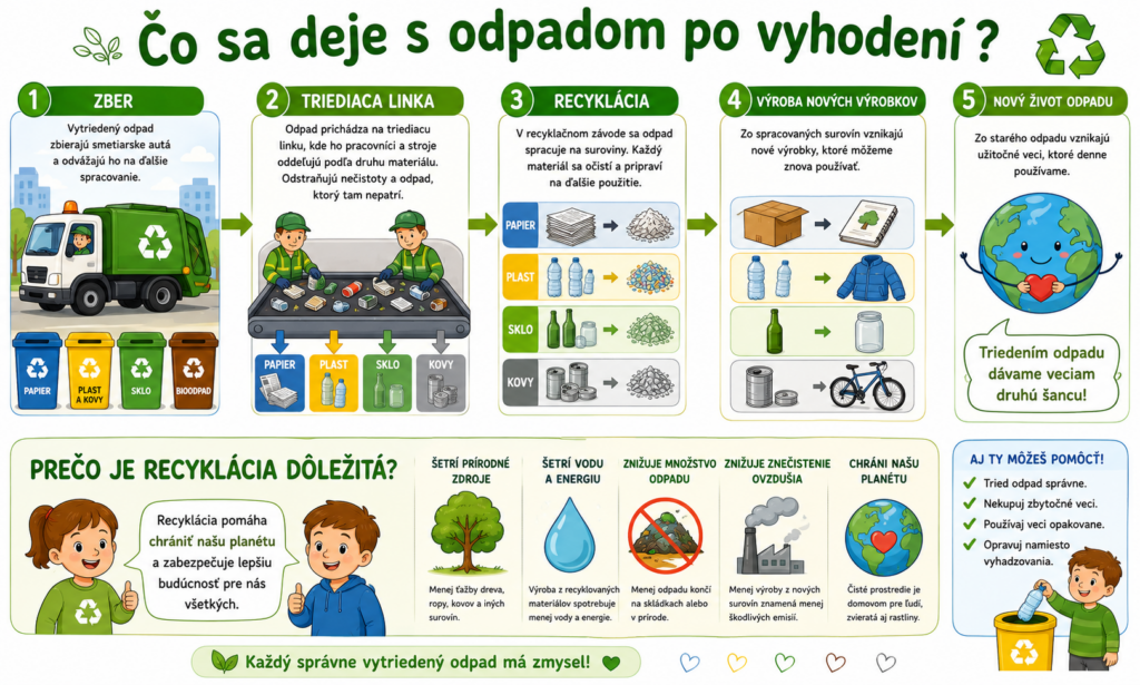 Infografika pre deti zobrazuje cestu odpadu od zberu cez triediacu linku a recykláciu až po výrobu nových výrobkov.