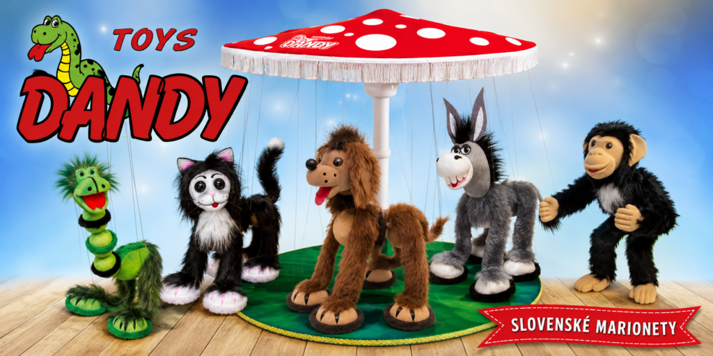 Slovenské marionety DANDY Toys s marionetovým kolotočom – mačka, psík, oslík, šimpanz a zelený dráčik.