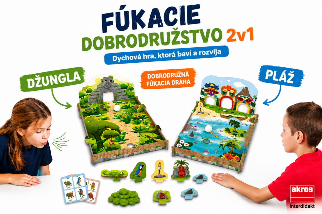 Fúkacie dobrodružstvo 2v1 od Akros – logopedická hra s témami Džungľa a Pláž na rozvoj správneho dýchania a koordinácie pier