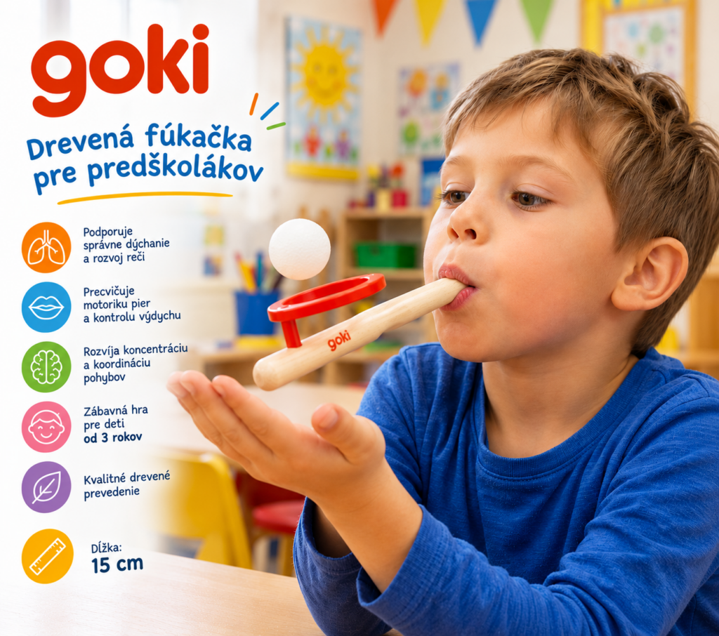 Dieťa používa drevenú fúkačku Goki s loptičkou na dychové cvičenia a fúkacie hry pre deti