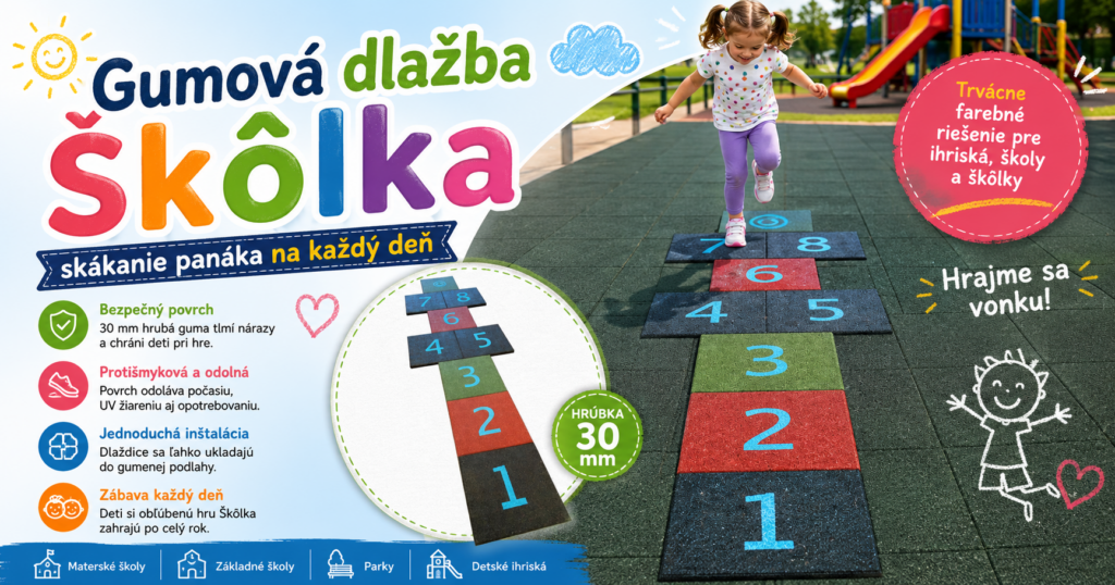 Dieťa skáče po gumovej dlažbe Škôlka s očíslovanými políčkami na detskom ihrisku.