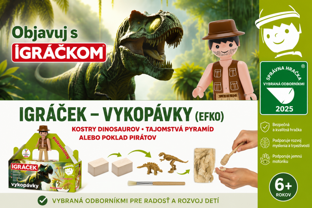 IGRÁČEK – Vykopávky od EFKO, ocenený značkou Správna hračka 2025. Edukačná hra na objavovanie dinosaurov, pirátskeho pokladu a tajomstiev pyramíd.