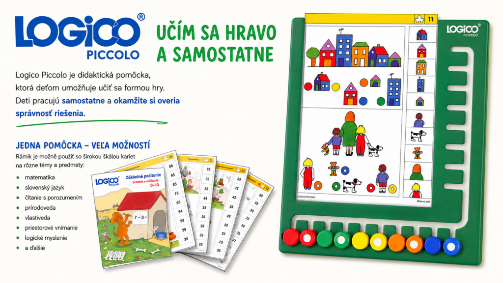 Logico Piccolo – didaktická pomôcka pre deti s rámikom a výmennými kartami na rozvoj matematiky, čítania, logického myslenia a samostatného učenia.