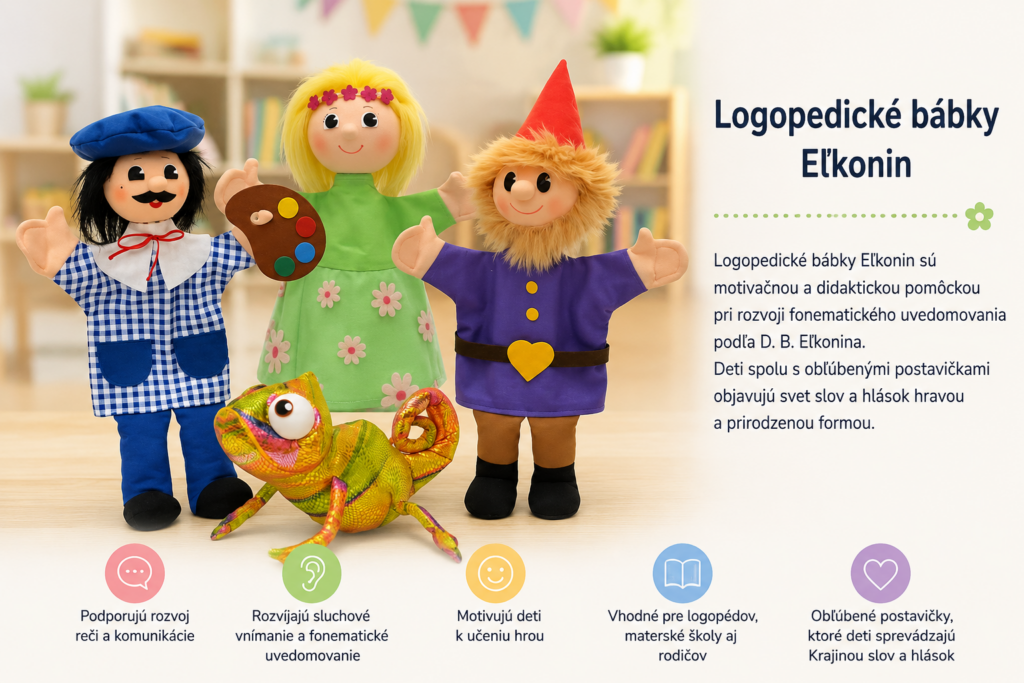 Logopedické bábky Eľkonin Umelec, Víla Anjelka, Kúzelný deduško a Chameleón podporujú rozvoj fonematického uvedomovania a komunikačných schopností detí.