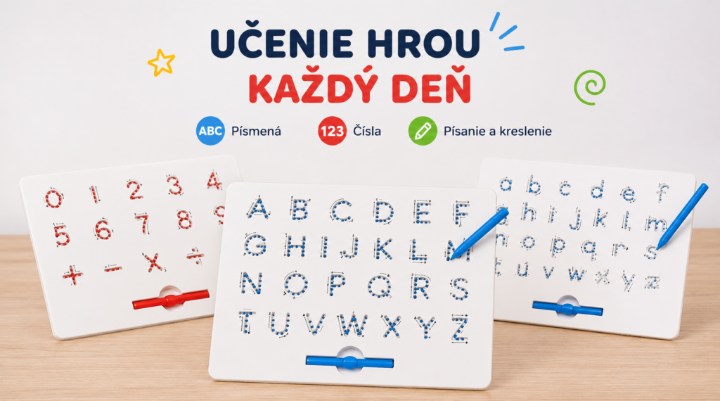 Magnetická kresliaca tabuľka s predlohami na písmená a čísla pre učenie písania, kreslenia a rozvoj jemnej motoriky