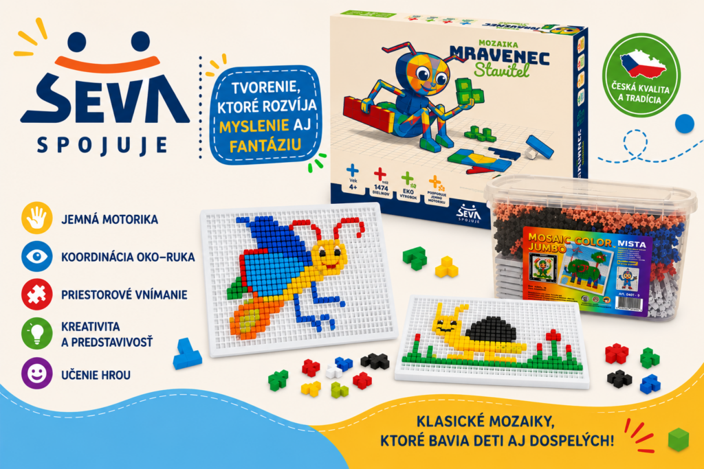 Banner s mozaikami SEVA zobrazujúci edukačné mozaiky na rozvoj jemnej motoriky, logického myslenia a kreativity detí.