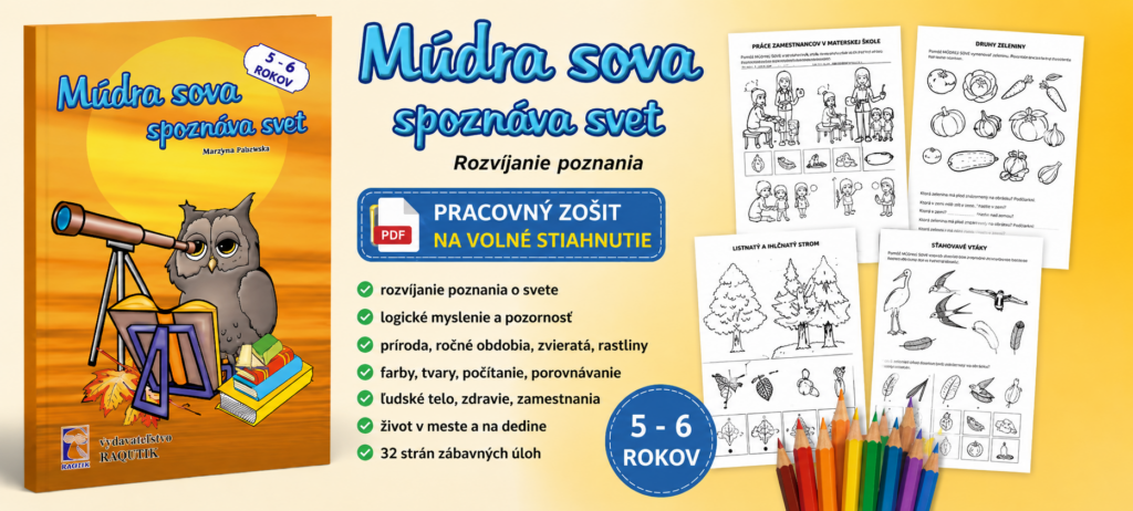 Ukážka pracovného zošita Múdra sova spoznáva svet pre deti vo veku 5 – 6 rokov s náhľadmi strán a informáciou o bezplatnom stiahnutí vo formáte PDF.