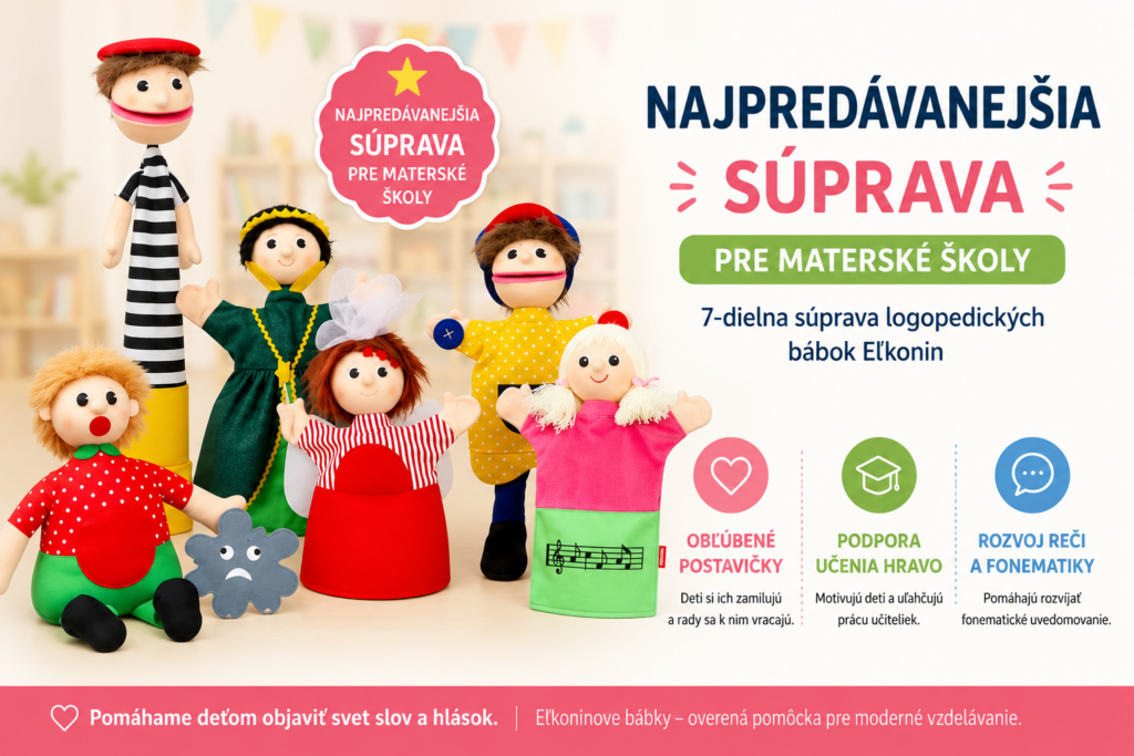 Najpredávanejšia 7-dielna súprava logopedických bábok Eľkonin pre materské školy určená na rozvoj fonematického uvedomovania podľa D. B. Eľkonina.