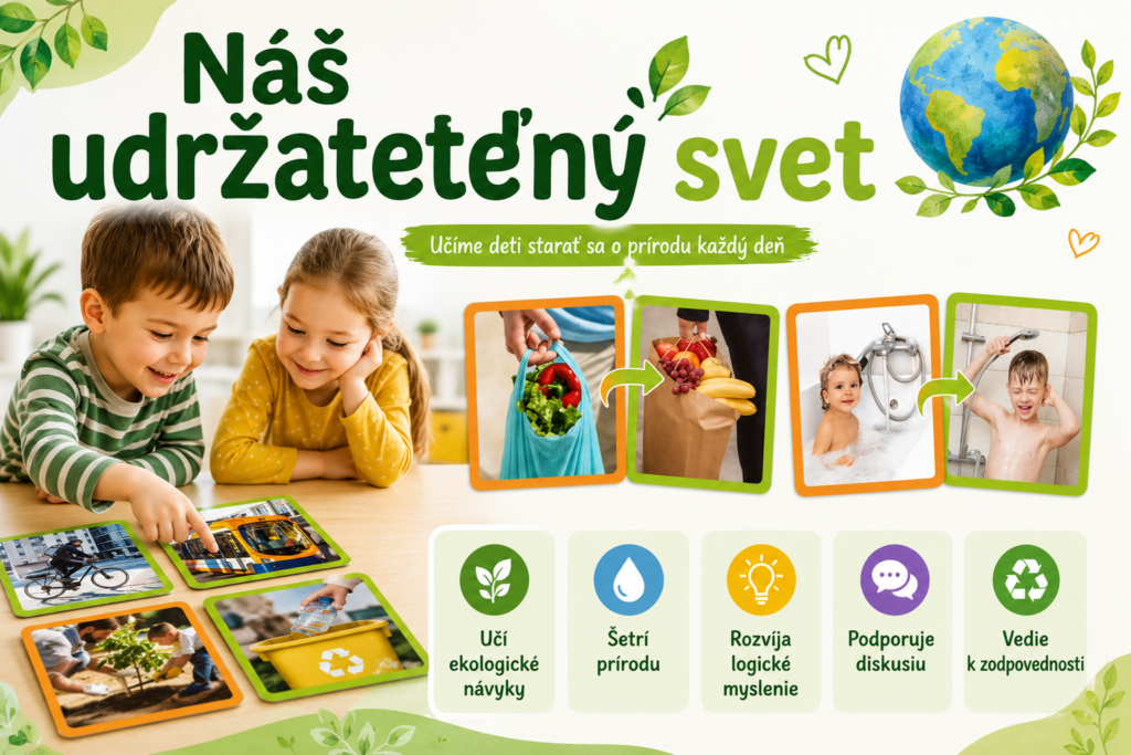 Deti sa učia ekologické návyky a význam ochrany prírody pomocou vzdelávacej hry Náš udržateľný svet.