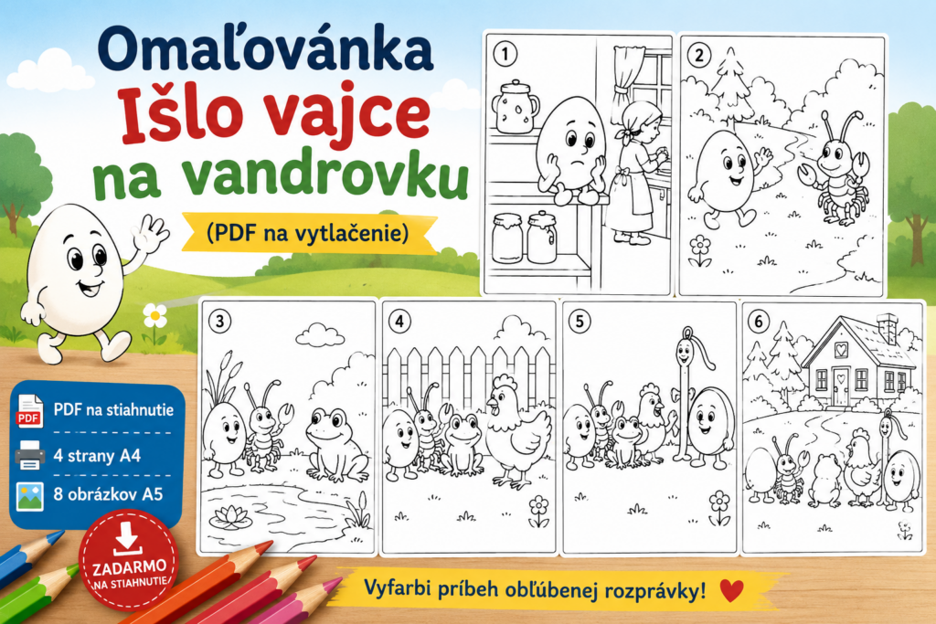Banner s omaľovánkou Išlo vajce na vandrovku vo formáte PDF na vytlačenie s ukážkami obrázkov.
