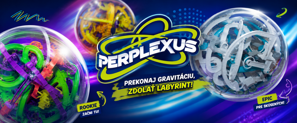 Farebný banner s hlavolamami Perplexus Rookie, Original a Epic – trojrozmerné guľové labyrinty rozvíjajúce trpezlivosť, logiku a koordináciu.