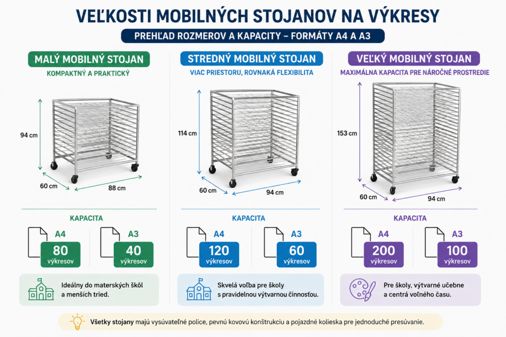 Porovnanie veľkostí mobilných stojanov na výkresy pre školy s rozmermi a kapacitou pre formáty A4 a A3.