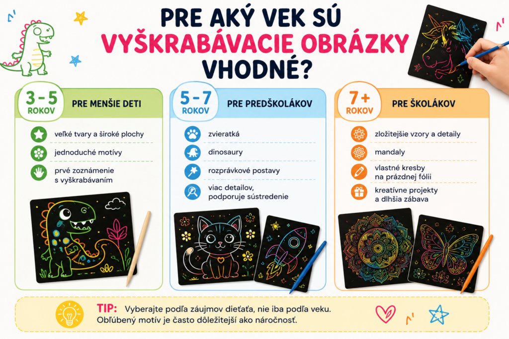 Infografika zobrazujúca, pre aký vek sú vyškrabávacie obrázky vhodné – odporúčania pre deti od 3 rokov, predškolákov a školákov.