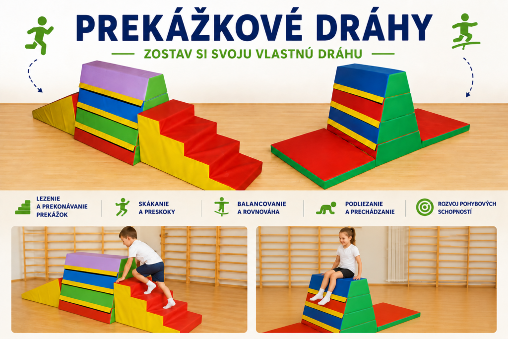 Prekážkové dráhy z molitanovej švédskej debne so schodmi, rampou a žinenkami na rozvoj motoriky, koordinácie a rovnováhy detí.