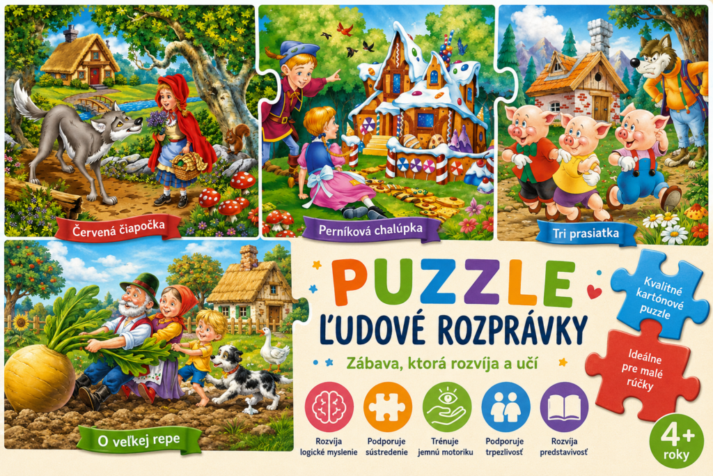 Koláž detských kartónových puzzle s motívmi ľudových rozprávok – Červená čiapočka, Perníková chalúpka, Tri prasiatka a O veľkej repe.