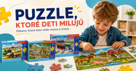 Kartónové puzzle pre deti Dieťa skladá kartónové puzzle, vedľa sú krabice s puzzle s motívmi farmy, rozprávok a mesta.