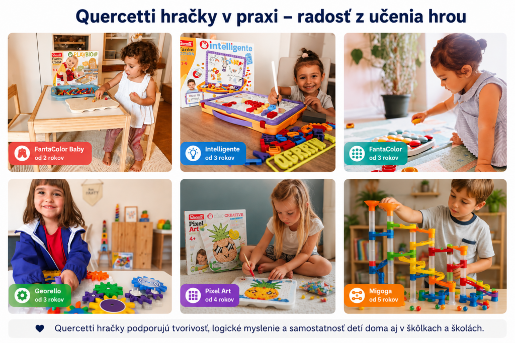 Deti sa hrajú s edukatívnymi hračkami Quercetti – FantaColor Baby, FantaColor, Pixel Art, Georello a guličkovou dráhou Migoga.