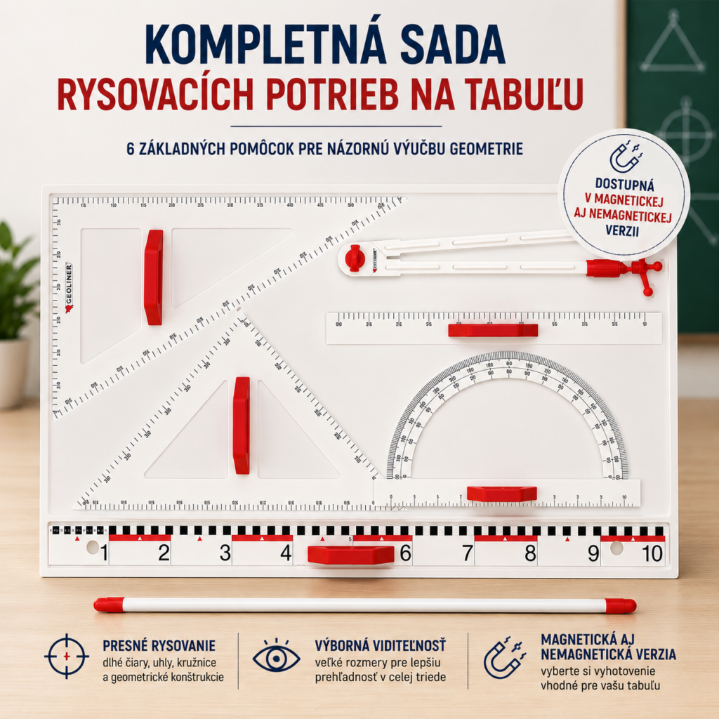 Kompletná sada rysovacích potrieb na tabuľu obsahuje pravítko, trojuholníky, kružidlo, uhlomer a ukazovadlo.