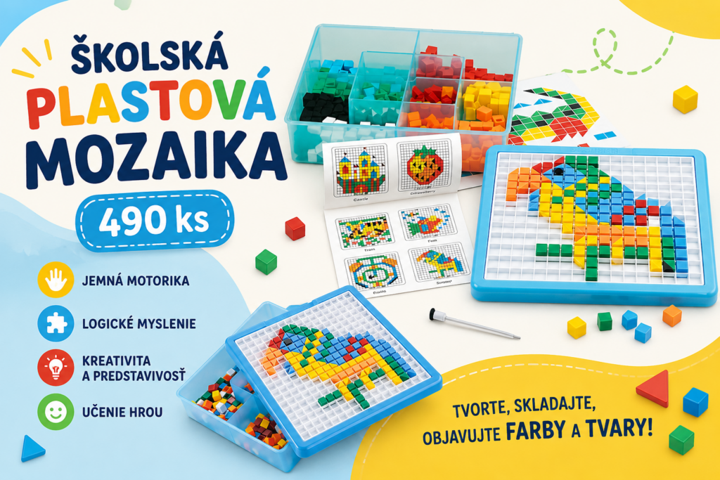 Farebná školská plastová mozaika s 490 dielikmi na rozvoj jemnej motoriky, logického myslenia a kreativity detí.