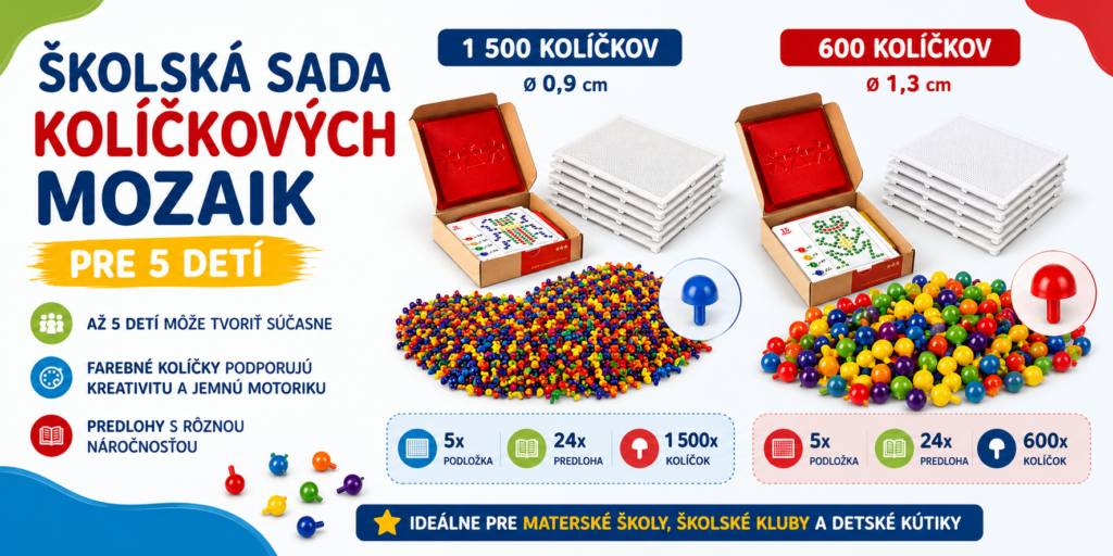 Školská sada kolíčkových mozaík pre 5 detí s 5 podložkami, predlohami a farebnými kolíčkami s priemerom 0,9 cm alebo 1,3 cm.