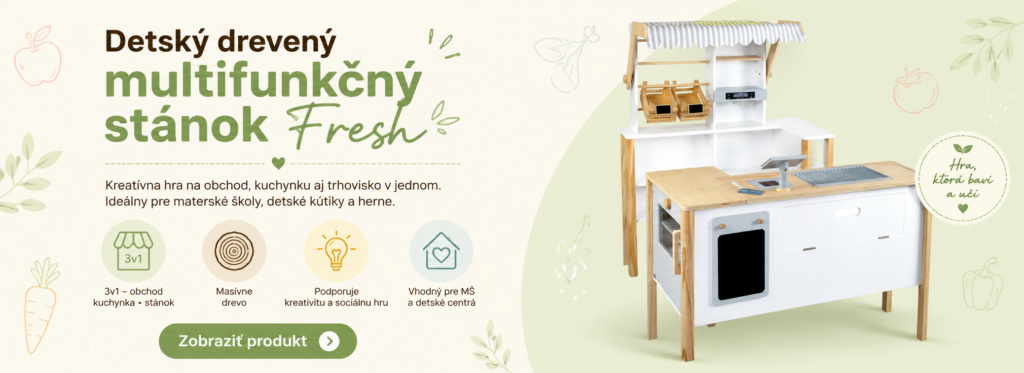 Detský drevený multifunkčný stánok Fresh z dreva s kuchynkou, obchodom a grilom pre materské školy a detské kútiky.