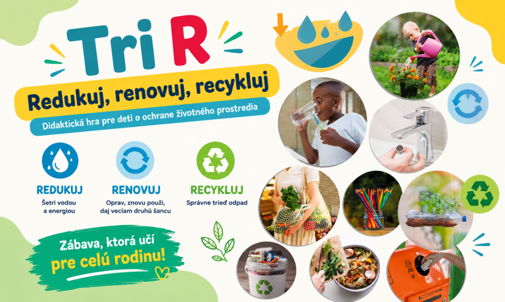 Grafika didaktickej hry Tri R zobrazuje princípy redukovania, opätovného využitia a recyklácie pomocou fotografií zo skutočného života.