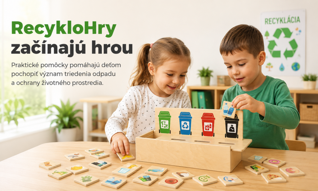 Deti používajú drevenú didaktickú hru Triedenie odpadu a pomocou farebných kontajnerov správne triedia kartičky s rôznymi druhmi odpadu.