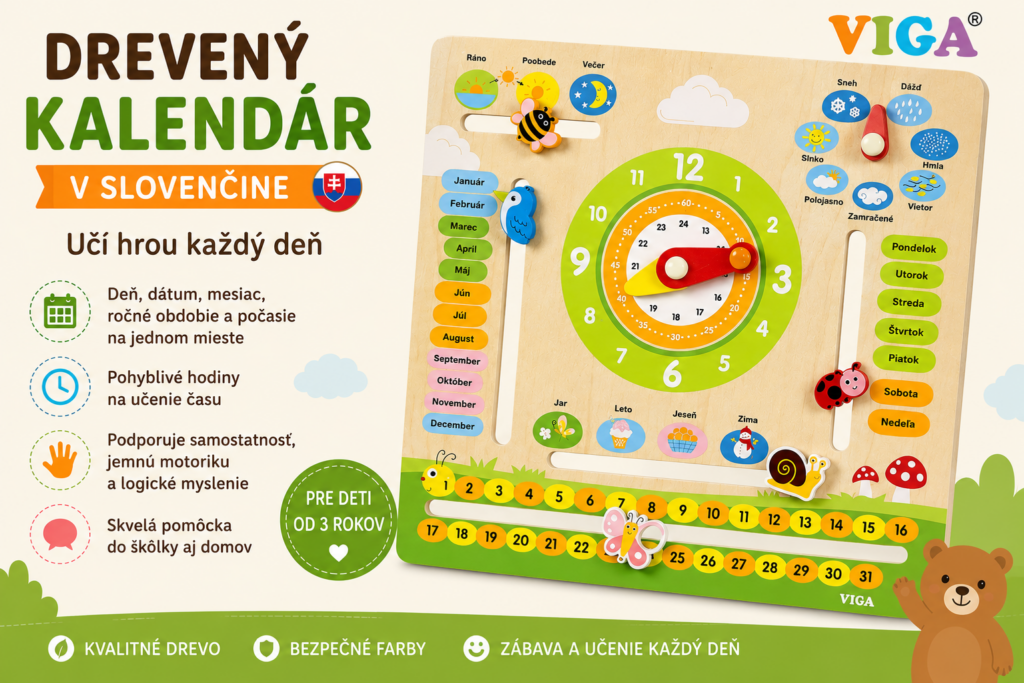 Drevený kalendár Viga v slovenskom jazyku s hodinami, dátumom, dňami v týždni, mesiacmi, počasím a ročnými obdobiami pre deti od 3 rokov.