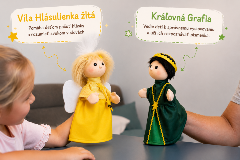 Dieťa a dospelý pracujú s logopedickými bábkami Eľkonin Víla Hlásulienka žltá a Kráľovná Grafia pri rozvoji fonematického uvedomovania.