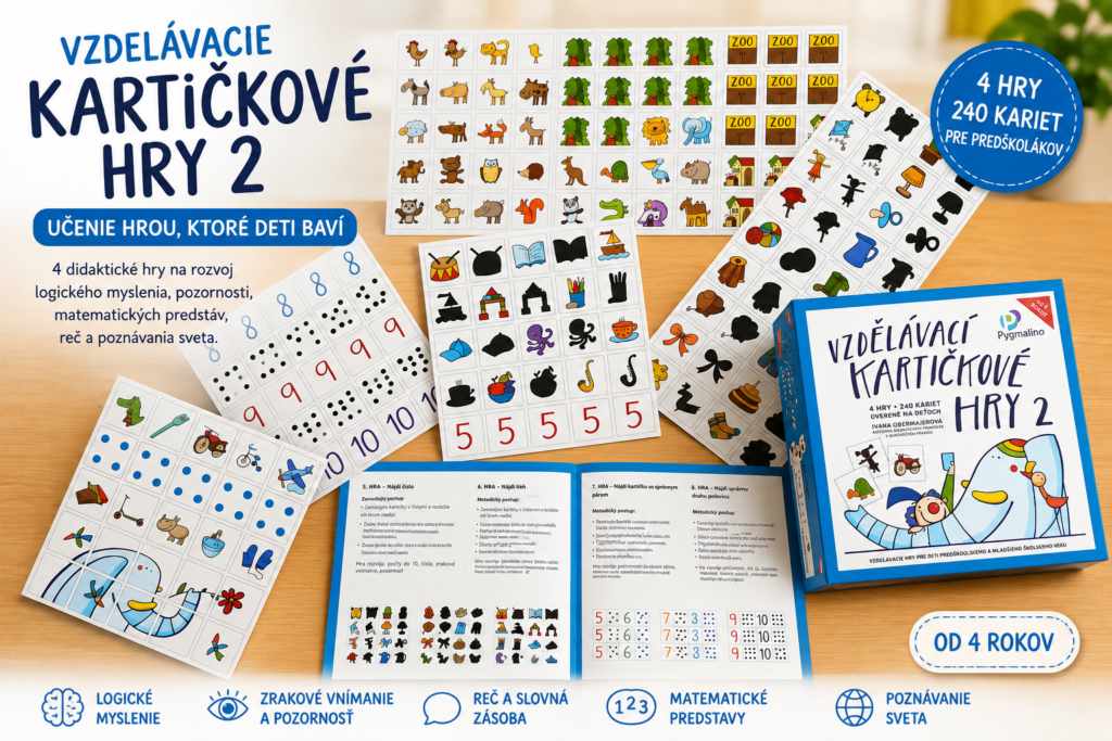 Vzdelávacie kartičkové hry predškoláka 2 – didaktická sada kartičkových hier na rozvoj logického myslenia, zrakového vnímania, matematických predstáv, reči a poznávania sveta.