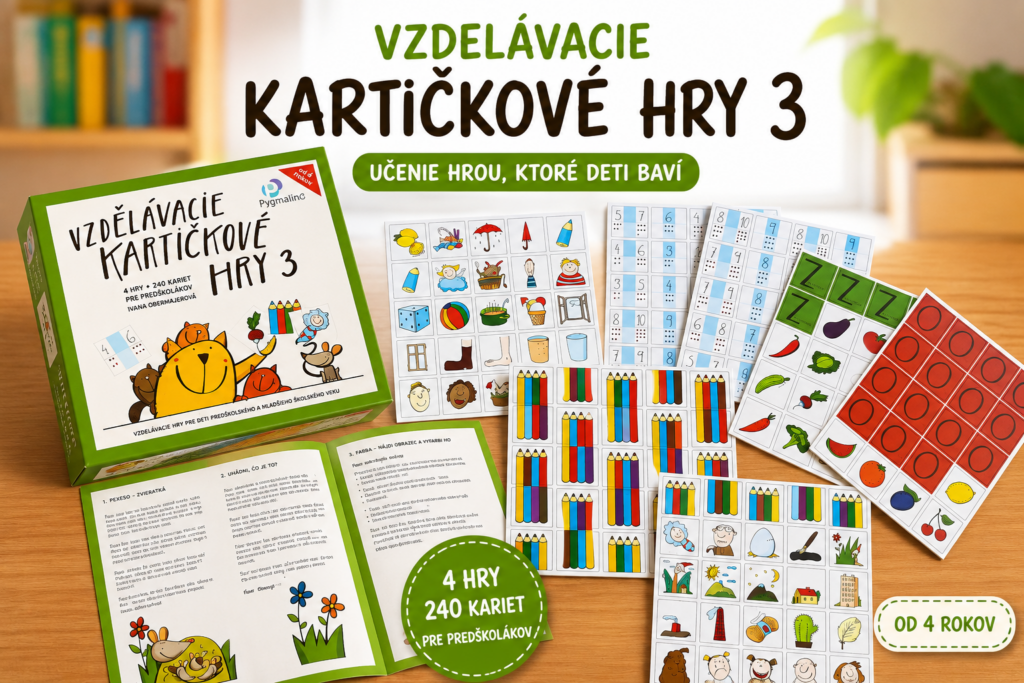 Vzdelávacie kartičkové hry predškoláka 3 – sada didaktických kartičiek s aktivitami na rozvoj logického myslenia, matematických predstáv, zrakového vnímania a poznávania sveta.