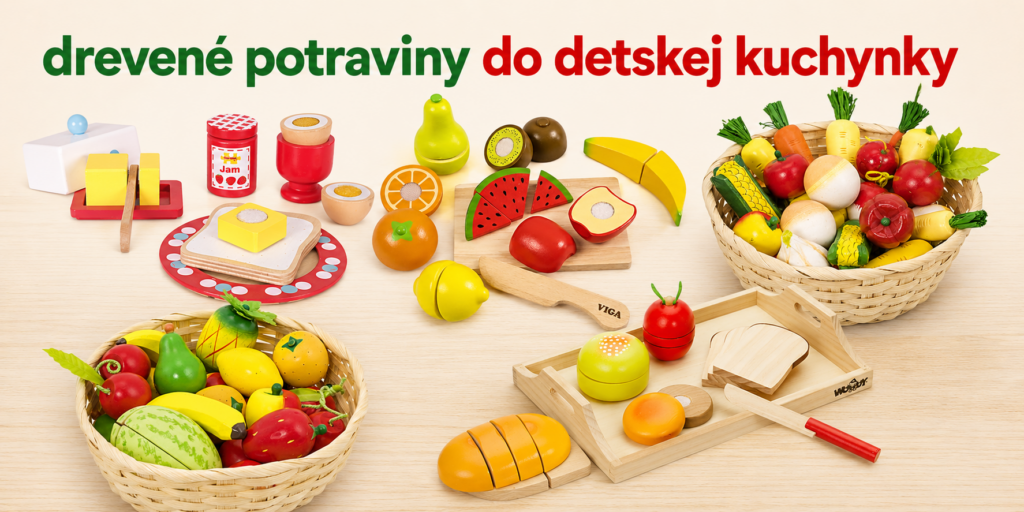 Drevené potraviny do detskej kuchynky – ovocie, zelenina, pečivo a raňajkové potraviny