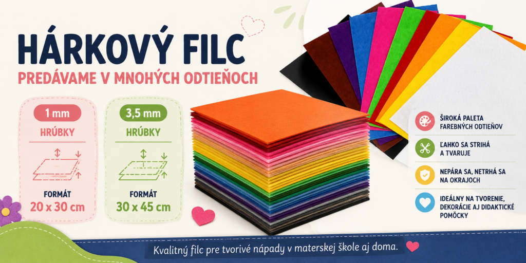 Hárkový filc dostupný v mnohých farebných odtieňoch s hrúbkou 1 mm (20 × 30 cm) a 3,5 mm (30 × 45 cm)