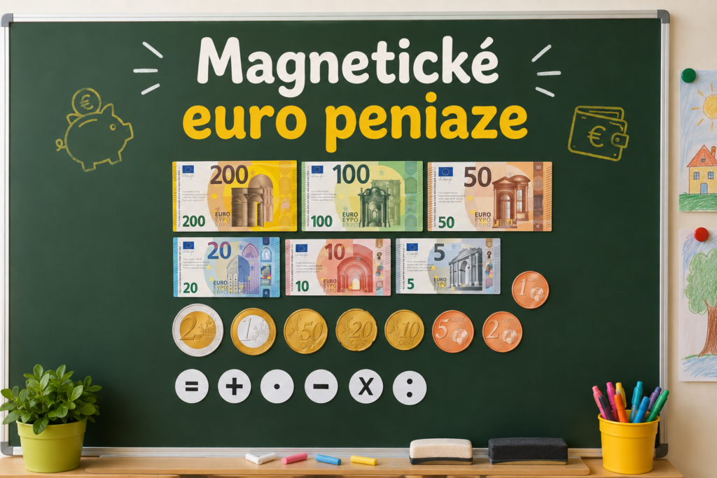 Magnetické euro peniaze na tabuli na výučbu finančnej gramotnosti detí