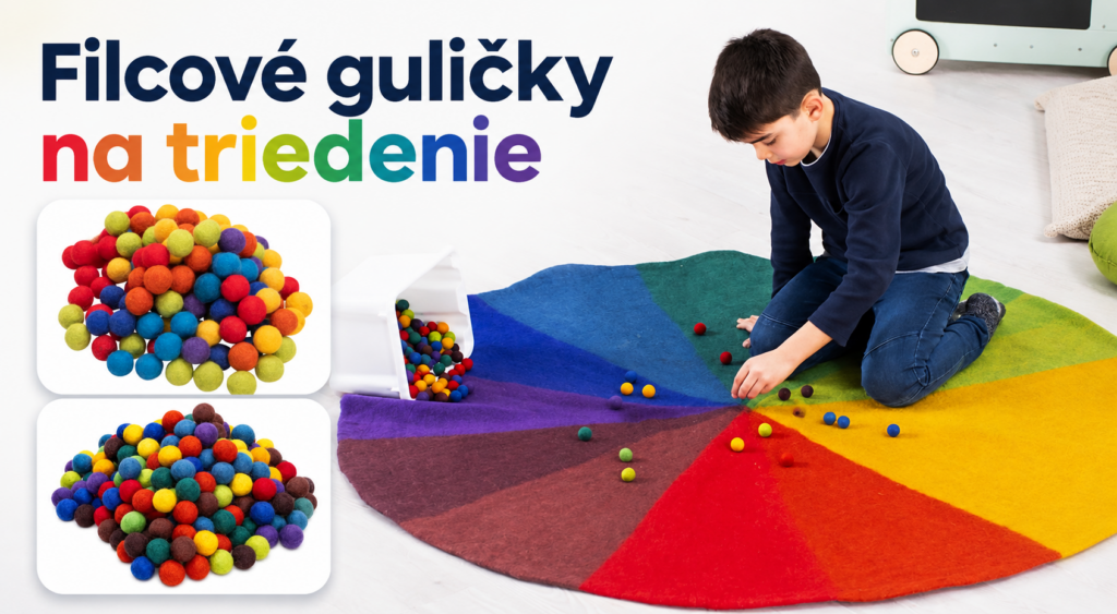 Montessori filcové guličky na triedenie na farebnom plstenom koberci
